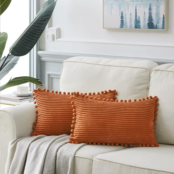 Fancy Homi 2 Pack Rust Lumbar Decorative Throw Pillow Covers 12x20 Inch with Pom-poms for Living Room Couch Bedroom, Soft Corduroy Solid Rectangle Cushion Case 30x50 cm, Rustic Farmhouse Home Decor