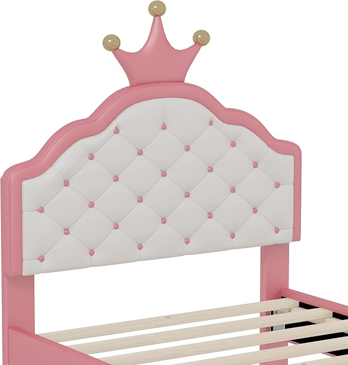 Bellemave Twin Size Princess Bed Frame with Lovely Crown Shaped Headboard for Girls,Upholstered Platform Bed with Slats Support,Twin Girls Bed,Pink Cream