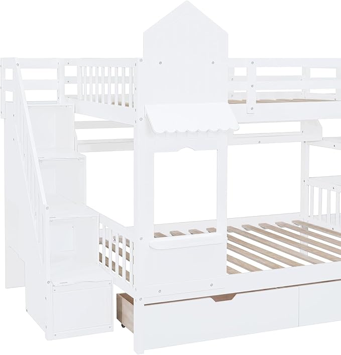 MERITLINE Full Over Full Castle Bunk Bed with Slide,Stairs and Drawers,Solid Wood Floor House Princess Bunk Bed with Storage Shelves (White,Full Over Full)