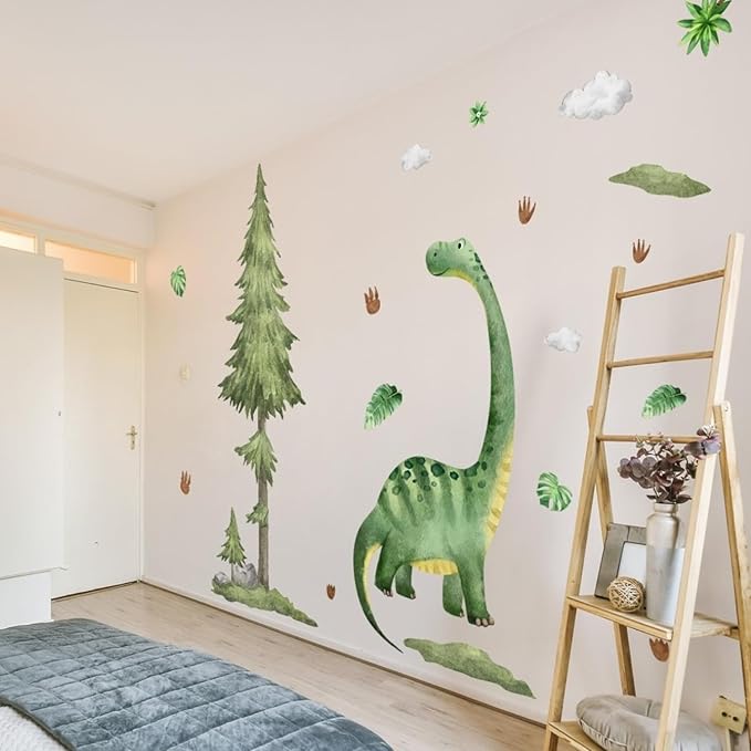 Large Dinosaur Pine Tree Wall Decals 7 Sheets Watercolor Wall Stickers Peel and Stick Forest Pine Tree Dinosaur Wall Decal Decor for Nursery Living Room Bedroom Classroom