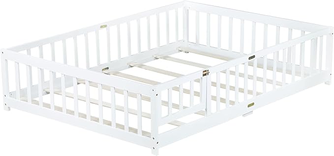 Full Size Montessori Floor Bed Frame with Convertible Door & Wood Slats for Kids,Wood Montessori Bed with Safety Guardrails for Girls & Boys,White