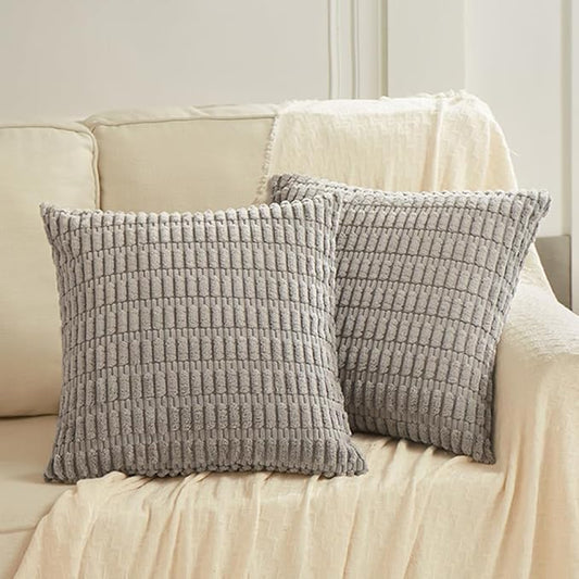 Fancy Homi 2 Packs Gray Decorative Throw Pillow Covers 16x16 Inch for Living Room Couch Bed Sofa, Rustic Farmhouse Boho Home Decor, Soft Striped Corduroy Square Cushion Case 40x40 cm