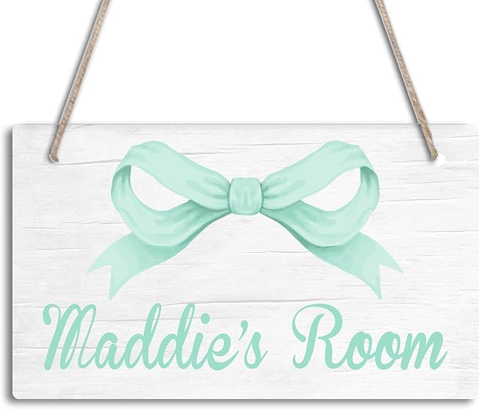 Personalized Mint Green Bow Kids Room Door Sign Custom Name Girls Boys Bedroom Decor Toddler Baby Nursery Wood Art Wall Plaque 12x6 Inches