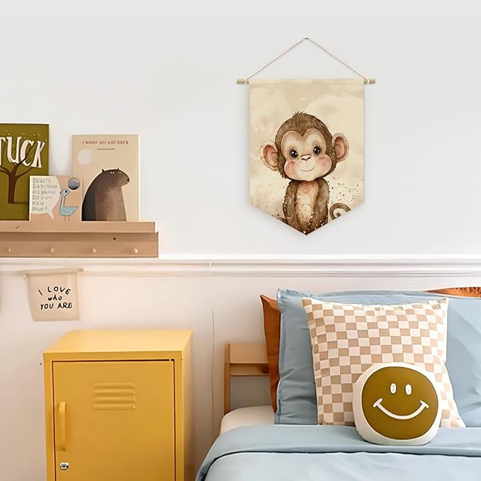Safari Nursery Decor, Baby Monkey Cute Wall Art,Kids room Canvas Banner, Woodland Nursery Decor, Watercolor Animal Monkey for Living Room Bedroom, Hanging Pennant Flag Banner 15x11in