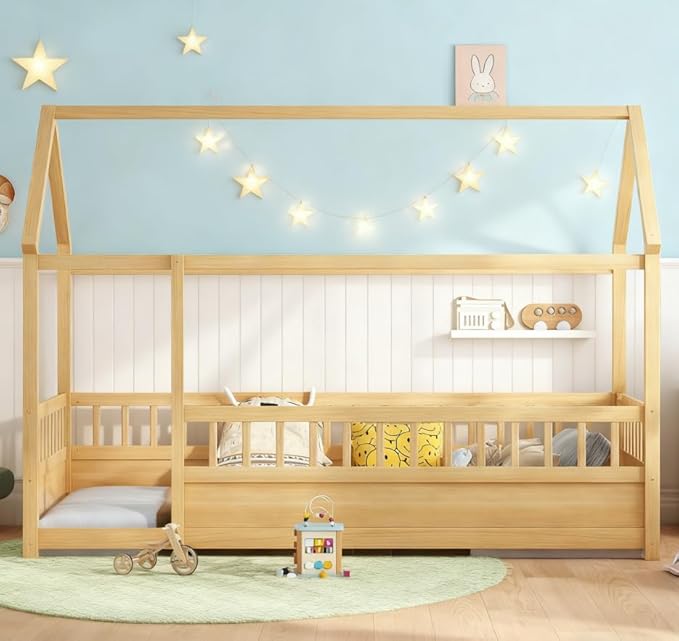 Bellemave Twin House Bed for Kids, Wooden Kids bedframe with Rails and Storage, Montessori Floor beds with high guardrail Without slats, Natural