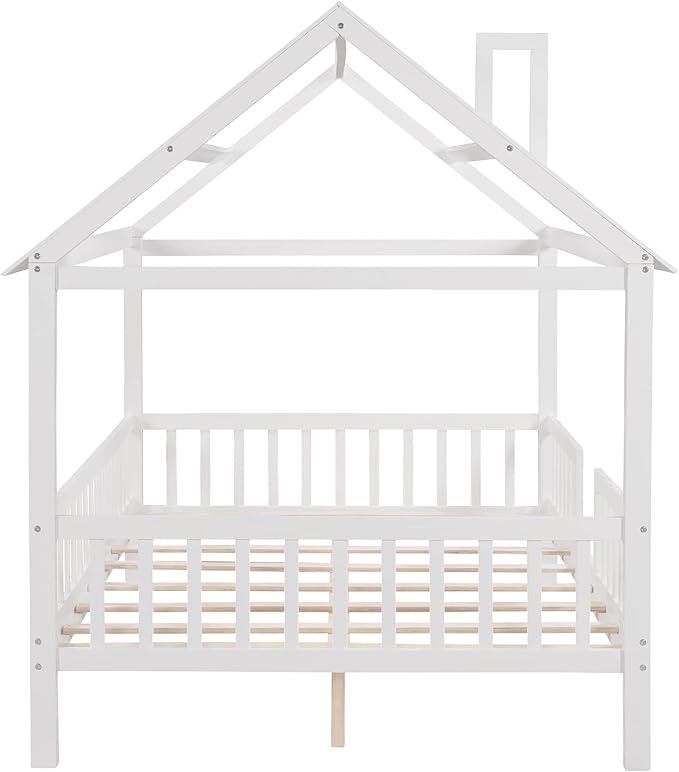 Merax Full House Bed for Kids,Wood Full Bed Frame House-Shaped Bed Platform Bed Frame with Roof Windows and Full-Length Safety Rails White