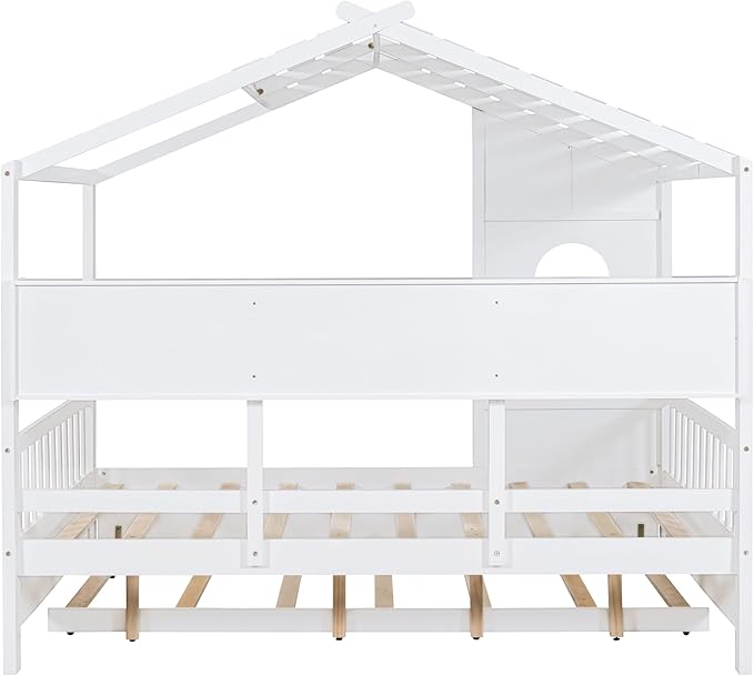 Full Size Wooden House Bed with Trundle, Modern Design Kids Bed Frame with Storage Shelf for Kids Teens Adults, Wood Slat Support, No Box Spring Needed, Easy Assembly (White)