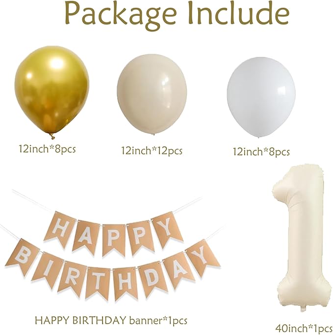 One Birthday Decorations kit, 40inch cream Number 1 balloon and HAPPY BIRTHDAY banner set with 12inch White Sand Metallic Gold Balloons for Kids 1st Birthday Decorations