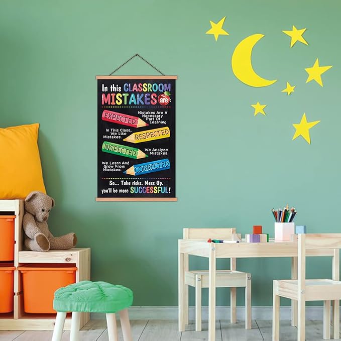 KAIRNE Kids Classroom Mistake Educational Poster With Wood Magnetic Hanger,Inspirational Quote Hanging Wall Art(35X56CM) Child Positive Canvas Art Print For Kids Room Classroom School Playroom Decor