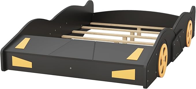 Flieks Full Size Race Car-Shaped Platform Bed Frame for Boys Girls Kids Adults Toddler with Wheels and Storage, Black+Yellow