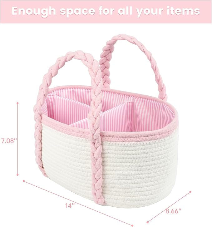 Baby Diaper Caddy, Portable Diaper Organizer for Changing Table, Car Travel Girls Shower Gifts Newborn Essentials, Cotton Rope Nursery Storage Basket for Girls (White＆Pink)