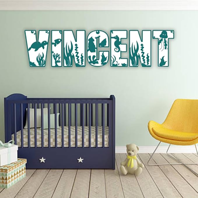 Personalized Wooden Name Sign - Custom Baby Name Signs for Nursery & Kids Room, Baby Announcement Sign, Wall Name Signs Personalized, Round Wooden Letters for Nursery Decor (Sea Animal 3D)