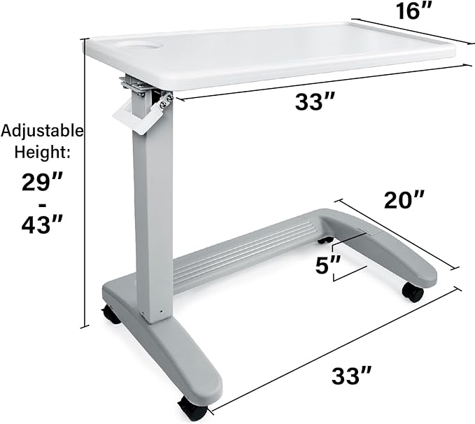 Vaunn Medical Adjustable Overbed Exam Bedside Table with Wheels (Hospital and Home Use), New Tabletop, Light Gray