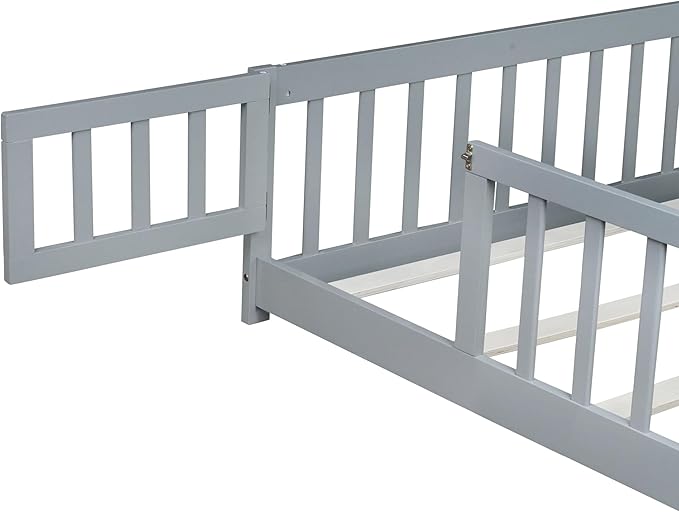 Queen Size Floor Bed Frame with Slats and Safety Guardrail, Wood Queen Size Montessori Floor Bed with Door and Fence, Easy Assemble Montessori Beds for Kids, Girls, Boys, Gray