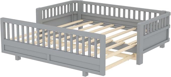 KEIKI Solid Wood Expandable Twin Size Floor Bed for Kids with Guardrails, Can Be Converted into a Double Twin Bed Platform, Montessori Low Profile Bedframe Daybed for Girls Boys, No Box Spring Needed