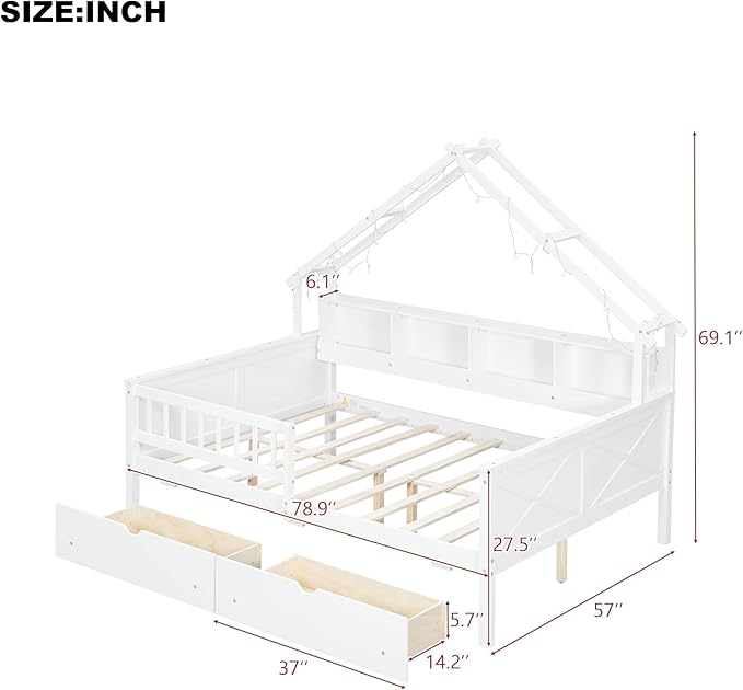 Merax Full Size House Platform Bed with Storage Drawers, Full Toddler Bed with LED Light and Guardrail, Sturdy Wood Frame Support, House Platform Bed with Roof Design for Kids, No Box Spring,White