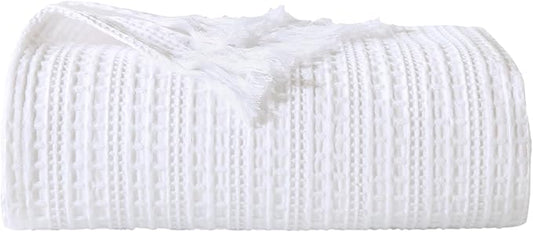 100% Cotton Waffle Blanket with Fringe, Pre-Washed Waffle Weave Blanket for All Season, Lightweight Breathable Soft Cozy Throw Blanket for Couch, Bed, Travel (White - 50x60 Inches)