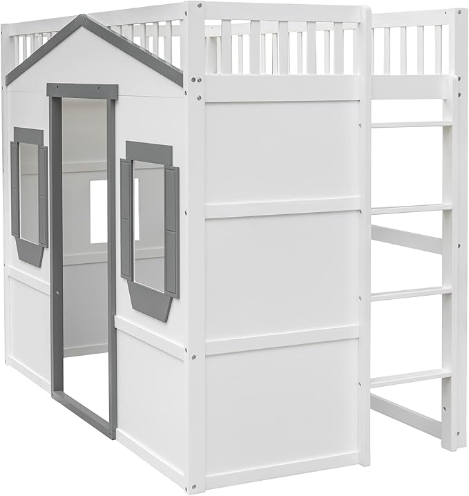 Twin Size Loft Bed with Safety Guardrail for Kids Boys Girls, Playhouse Design Solid Wood Loft Bed Frame with Ladder and Windows, Strong Wood Slats Support, Space-Saving (White+g Twin)