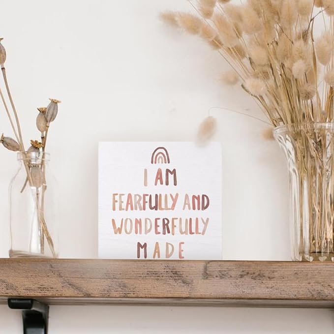 Boho Neutral Baby Nursery Decor - Inspirational Bible Verse Rainbow Wood Box Sign, Toddler Room Desk Decor, Christian 5x5 Burlywood