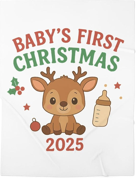 Personalized Baby's First Christmas Blanket, Custom Smiling Reindeer Baby Name Christmas Blanket, Soft Fleece Or Sherpa Throw, Baby Shower, Made in USA