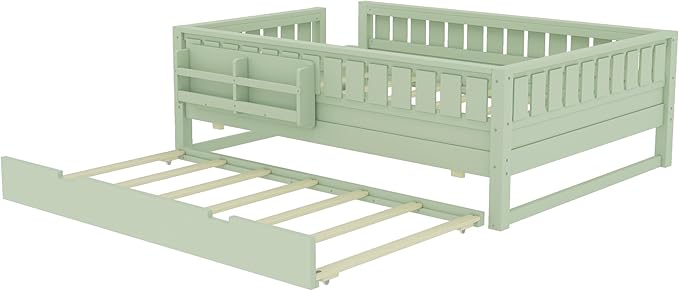Bellemave Full Size Kids Bed with high Rails and with Built-in Bookshelf and Trundle for Kids, Girls, Boys, Wood Montessori Bed Without Door, Avocado Green