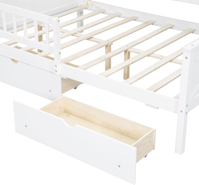 Merax Full Size House Platform Bed with Storage Drawers, Full Toddler Bed with LED Light and Guardrail, Sturdy Wood Frame Support, House Platform Bed with Roof Design for Kids, No Box Spring,White