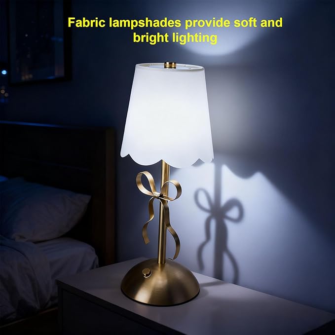 Zunate Bow Table Lamp, Rechargeable Cordless Bedside Lamp with Fabric Shade, Touch Control & Dimmable Brightness,Cute Decorative Metal Light for Bedroom, Nursery, Living Room