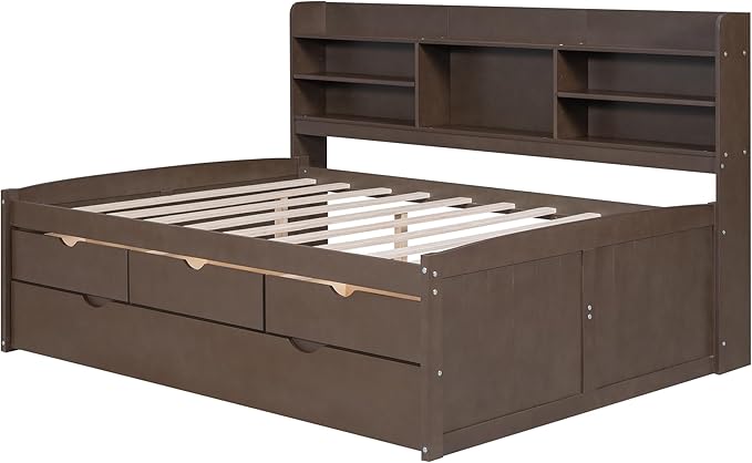 Harper & Bright Designs Full Size Captain Bed with Built-in Bookshelves/3 Storage Drawers/Trundle, Wooden Full Daybed Bed Frame for Kids Teens Dorm Bedroom Multipurpose Guest Room, Antique Gray