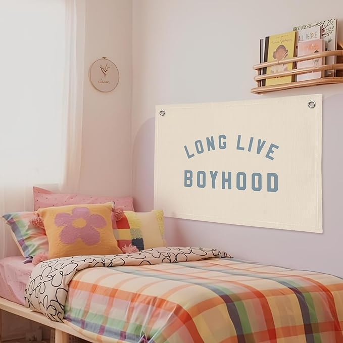 Boys Room Decor, Long Live Boyhood Banner, Baby Boy Shower Decorations, Linen Canvas Banner Wall Hanging Flag Decor for Toddler Boy Room Nursery Playroom 20x30