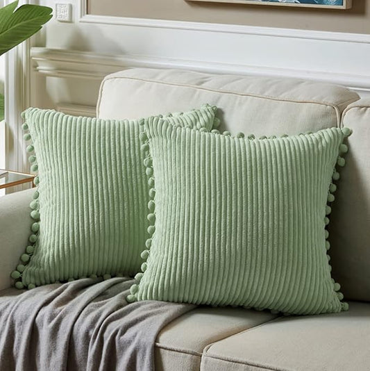Fancy Homi Pack of 2 Sage Green Decorative Throw Pillow Covers with Pom-poms, Soft Corduroy Solid Square Cushion Cases Set for Couch Sofa Bedroom Car Living Room (20x20 Inch/50x50 cm, Sage Green)