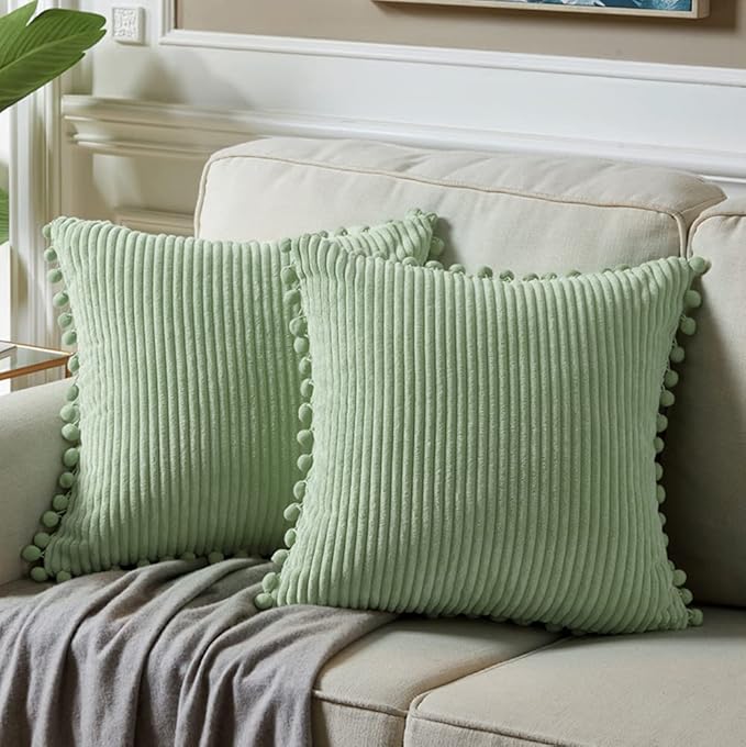 Fancy Homi Pack of 2 Sage Green Decorative Throw Pillow Covers 22x22 Inch with Pom-poms, Soft Corduroy Solid Square Cushion Case for Couch Sofa Bedroom Car Living Room 55x55 cm