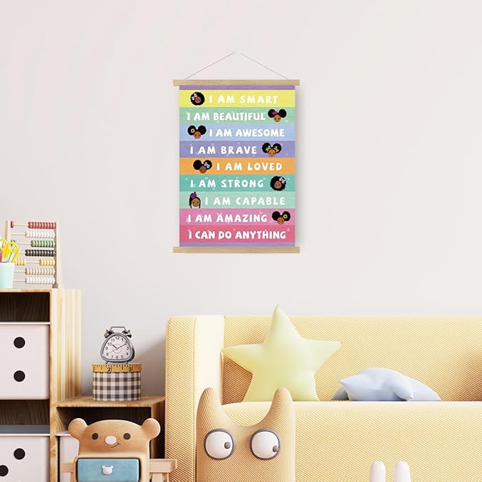 Qswo Positive Affirmations Wall Decor for Girls,I Am Smart Black Girl Wall Art Poster Hanger Frame,Inspirational Hanging Canvas Wall Decor for Girls Room Dorm Nursery