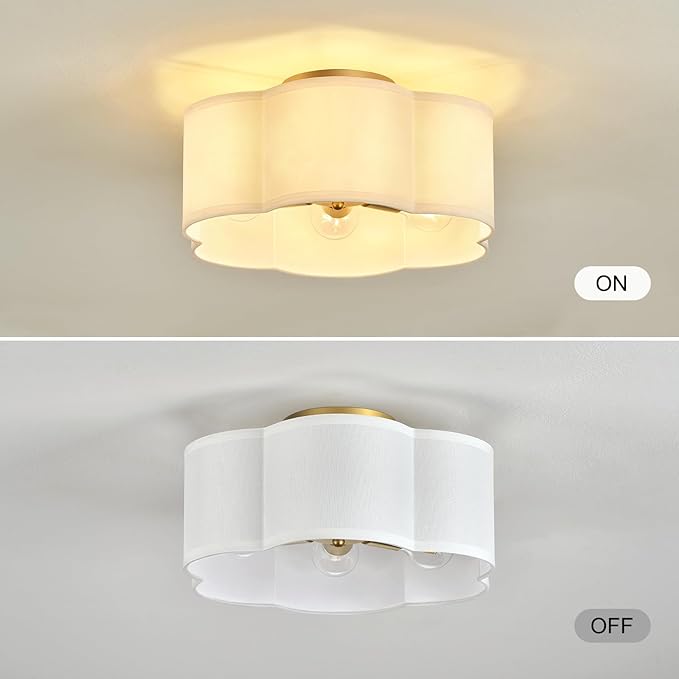 Gold 6-Light Semi Flush Mount Ceiling Light, White Fabric Close to Ceiling Light Fixtures, Clover Drum Ceiling lamp