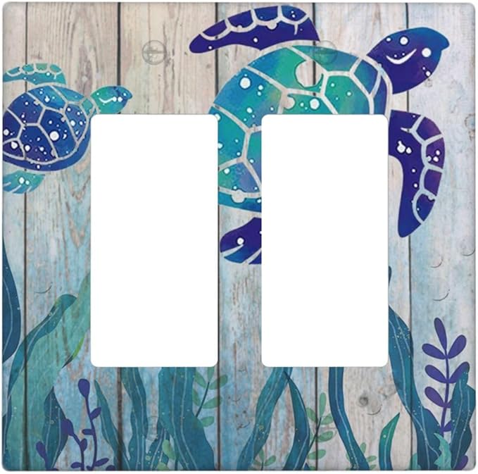 Sea Turtle Grass Seaweed on Rustic Wooden Board 2 Gang Double Rocker/Decora Light Switch Cover Decorative Wallplate Ocean Grass Seaweed Gfci Electrical Faceplate Home Bedroom Art Decor