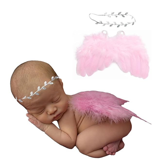 2PCS Pink Angel Wings With Leaf Headband For Newborn Infant Photo Props Soft Feather Wings For Kids Photo Outfits Baby Girls Costume(Color G, One Size)
