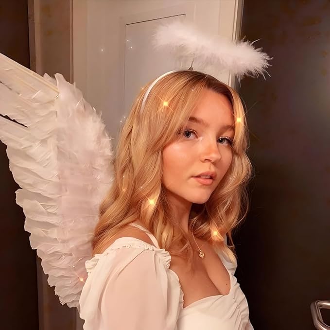 SEVADA Black Angel Wings and Halo for Adult Women, Dark Devil Fallen Feather Angel Wings for Kids Girls