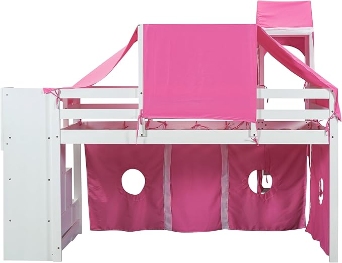 Playhouse Twin Size Low Loft Bed with Slide & Tent and Tower, Solid Wood Tent Bed Frame with Storage Staircase for Kids Teens Boys Girls, Versatile Spacious Under Bed Space with Curtains (Pink-TST)