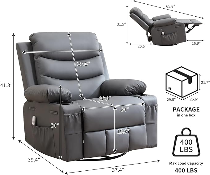 Leather Recliner Chair Nursery, Oversized Manual Reclining Rocking Chair, 360 Swivel Glider with Cup Holder, Massage and Heat Recliner, Indoor Small Single Sofa Chairs for Adults, RV, Bedroom, Gray