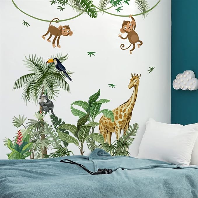 Large Size Tropical Palm Green Leaf Plant Animals Jungle Wall Decals For Kids Room Bedroom Cute Monkey Zebra Giraffe Big Vinyl Self-adhesive Wallpaper Peel and Stick Woodland Forest Kindergarten Decoration Sticker Removable DIY Nursery Mural