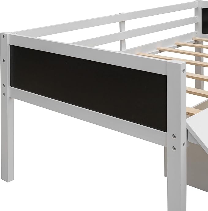 Play Fun Design Twin Size Loft Bed with Slide and Rope Climbing Ladder for Kids Boys Girls, Solid Wood Loft Bed Frame with 2 Storage Boxes and Double-sided Chalkboard, Sturdy Slat Support (White-2)