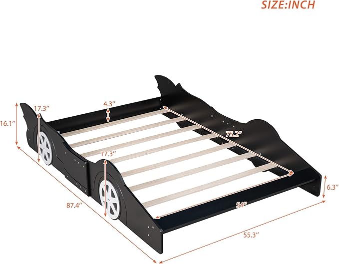 Full Size Race Car-Shaped Platform Bed Bedframe with Wheels, 87.4" L x 55.3" W x 16.1" H Black