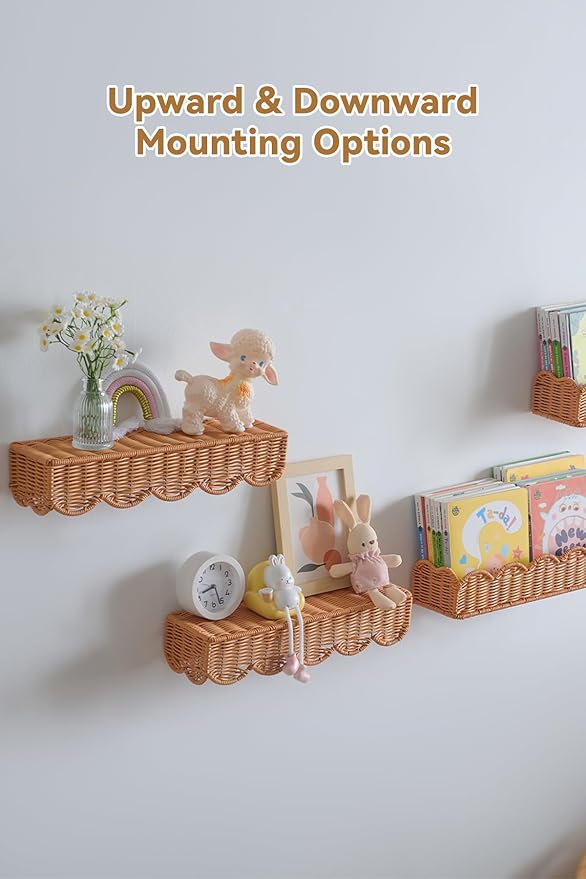 Nursery Book Shelves Set of 4, Metal & Plastic Artificial Rattan Scalloped Book Shelf 15.8", Cute Floating Bookshelf for Kids Bedroom Farmhouse Decor