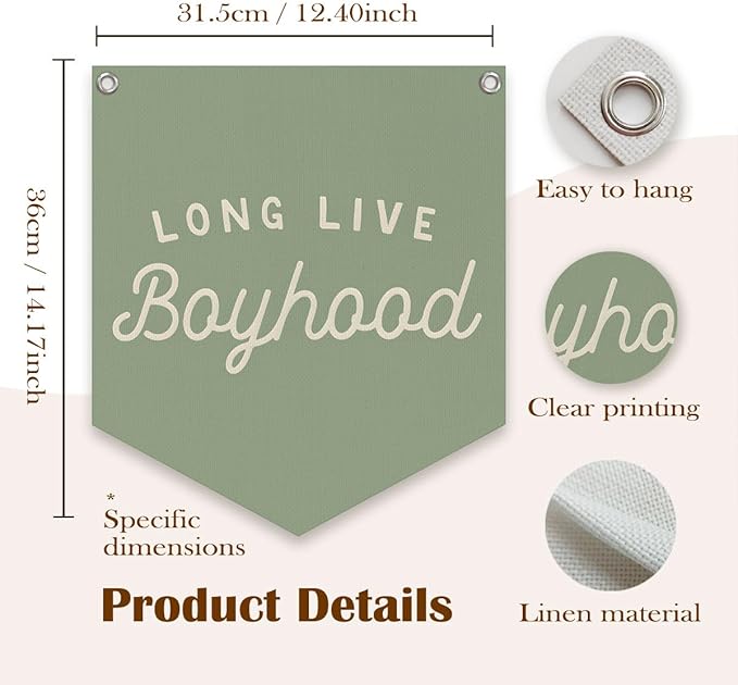 Lacama Sage Green Room Decor, Long Live Boyhood Linen Banner,Vintage Boy Bedroom Wall Hanging Banner Pennant Flag Decor for Nursery Playroom Toddler Nursery Decor Kids Room,12.4x14 in