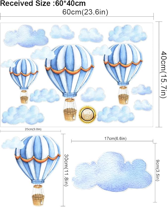 Large Hot Air Balloon Peel and Stick Removable Wall Decals - Blue Clouds Vinyl Stickers, Self-Adhesive Kids Room Art Murals Decor for Baby Nursery, Bedroom, Playroom Decoration