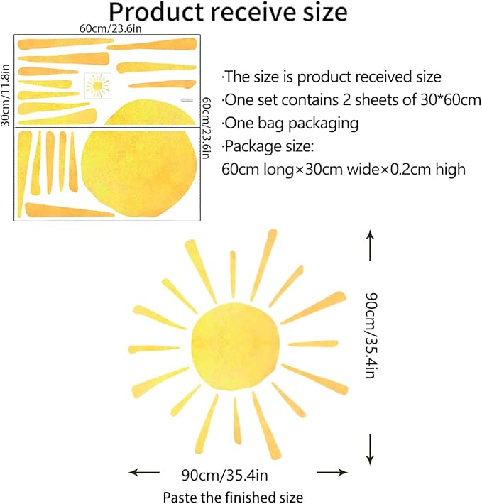 35.4" x 35.4" Watercolor Boho Sun Wall Decals Peel and Stick, PVC Sunrise Wall Stickers, Yellow Sunshine Wall Art Decor for Kids Room Playroom Nursery Bedroom (Boho Sun-3)