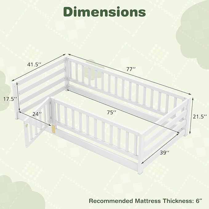 KOMFOTT Twin Size Wood Floor Bed with Door & 21.5” Fence, Montessori Bed Frame with Full Length Safety Guardrails, Door & Latch, Wooden Montessori Floor Bed for Kids, Girls, Boys