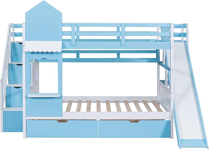 Full-Over-Full Castle Style Bunk Bed with 2 Drawers and 3 Shelves, Wood Bunk Bed Frame with Slide and Storage Staircase for Kids Teens Boys Girls Bedroom