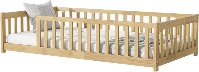 Twin Size Kids Montessori Floor Bed,Twin Floor Bed Frame with Slats,Solid Wood Twin Bed Frame for Girls Boys,Natural