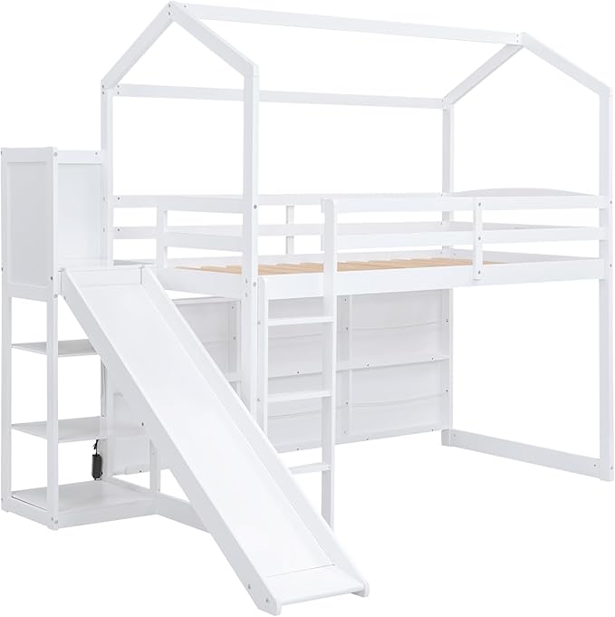 Flieks Twin Size Wood House Loft Bed Frame for Boys Girls Kids Adults Toddler with Slide, Storage Shelves and Light, White