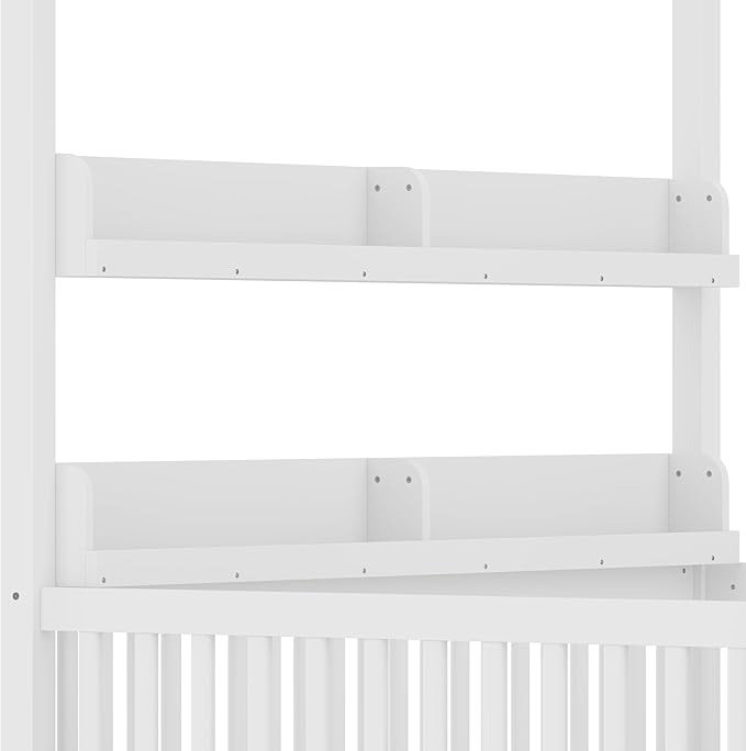 Bellemave Canopy Floor Bed Full Size with Safety Fence and Bookcase,Built in Four Poster Design,Full Montessori Floor Bed Frame for Toddlers,Kids,Boys,Girls,No Spring Box Needed（Full,White）